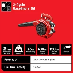 Homelite UT26HBV 150 MPH 400 CFM 26cc Gas Handheld Blower Vacuum