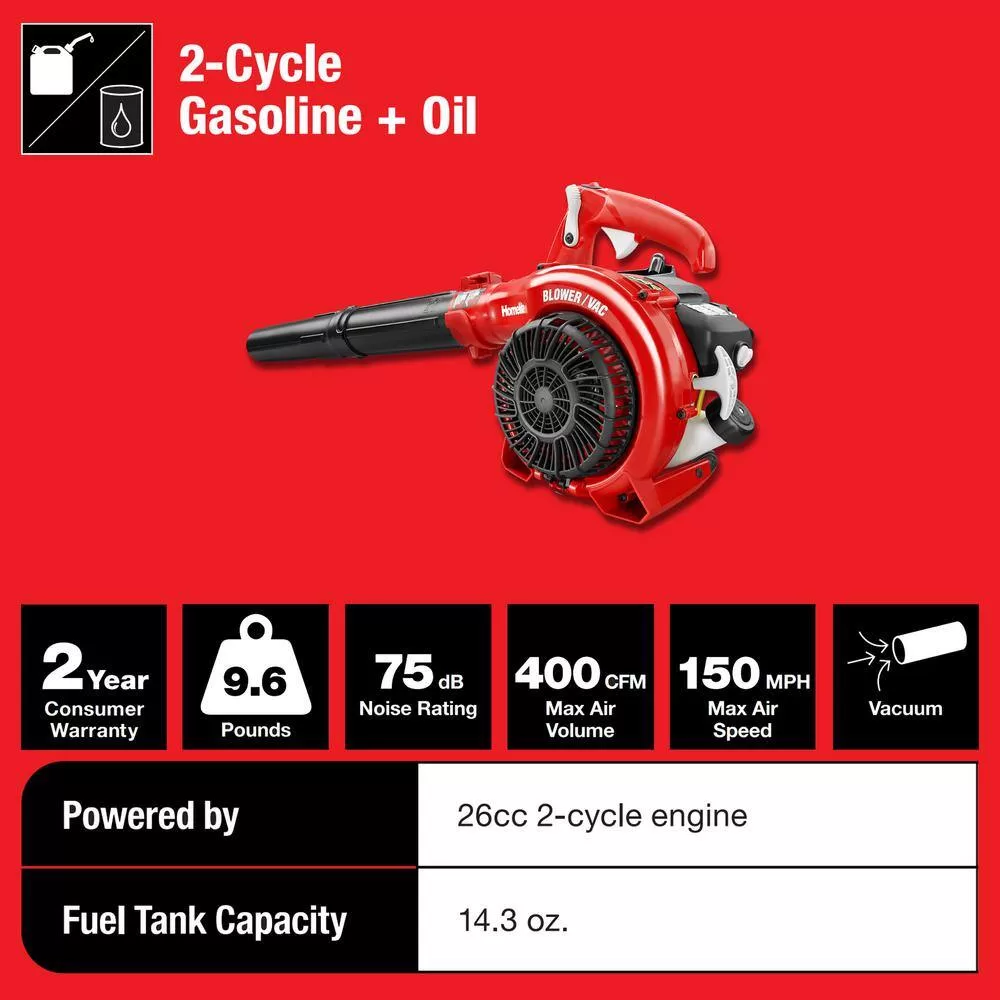 Homelite UT26HBV 150 MPH 400 CFM 26cc Gas Handheld Blower Vacuum