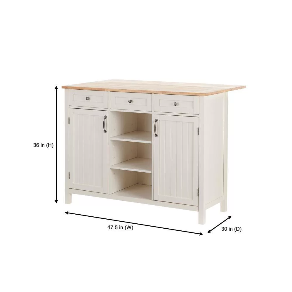 StyleWell Bainport Ivory Wooden Kitchen Island with Natural Butcher Block Top and Storage (48" W)