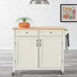 StyleWell Bainport Ivory with Butcher Block Top Wooden Rolling Kitchen Cart and Double-Drawer Storage (44