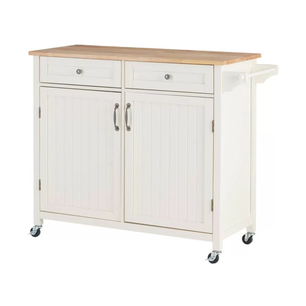 StyleWell Bainport Ivory with Butcher Block Top Wooden Rolling Kitchen Cart and Double-Drawer Storage (44" W)