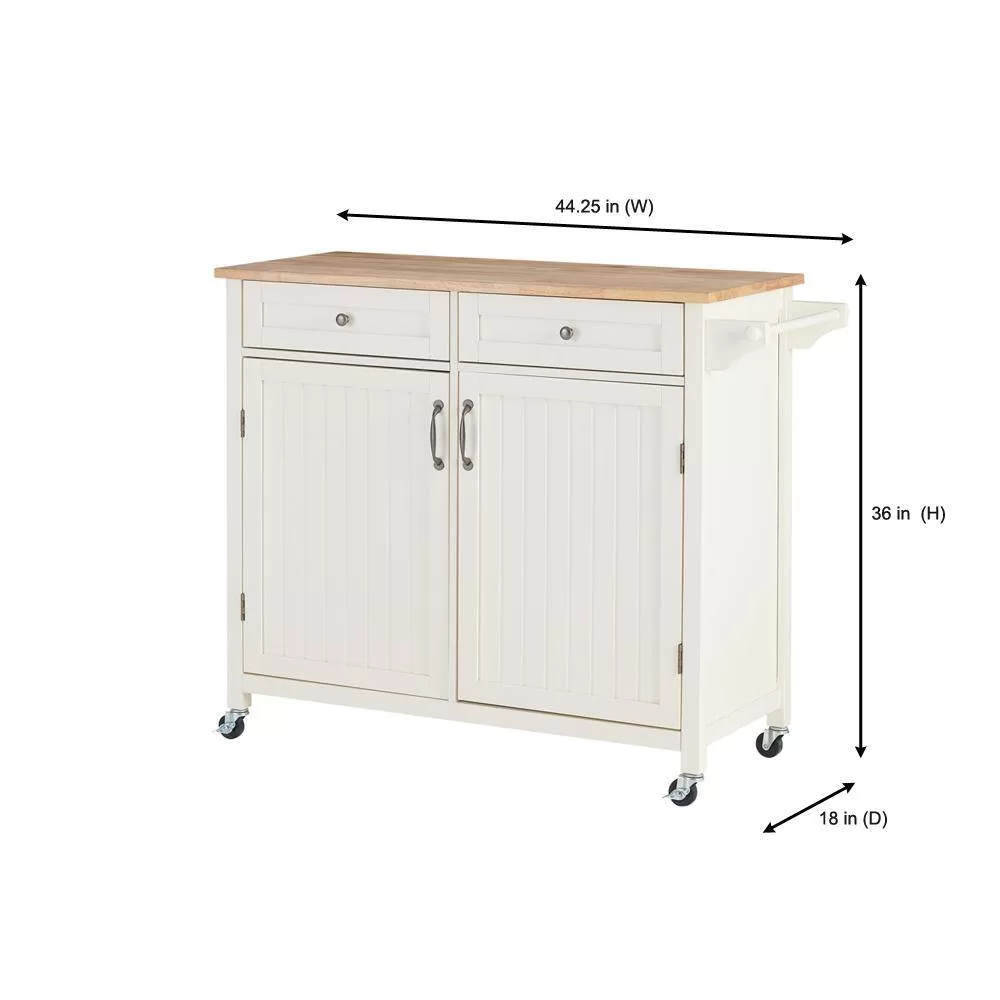 StyleWell Bainport Ivory with Butcher Block Top Wooden Rolling Kitchen Cart and Double-Drawer Storage (44" W)