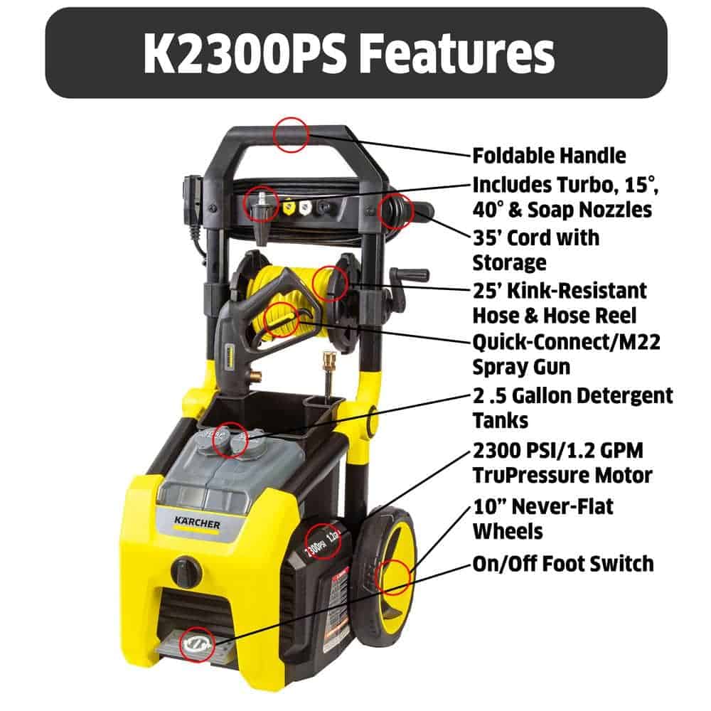 Karcher 1.106-222.0 2300 PSI 1.2 GPM K2300PS Electric Power Pressure Washer with Turbo, 15-Degree, 40-Degree and Soap Nozzles