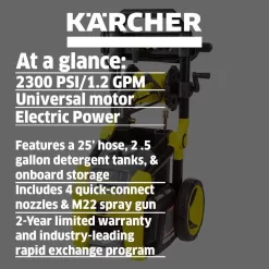 Karcher 1.106-222.0 2300 PSI 1.2 GPM K2300PS Electric Power Pressure Washer with Turbo, 15-Degree, 40-Degree and Soap Nozzles