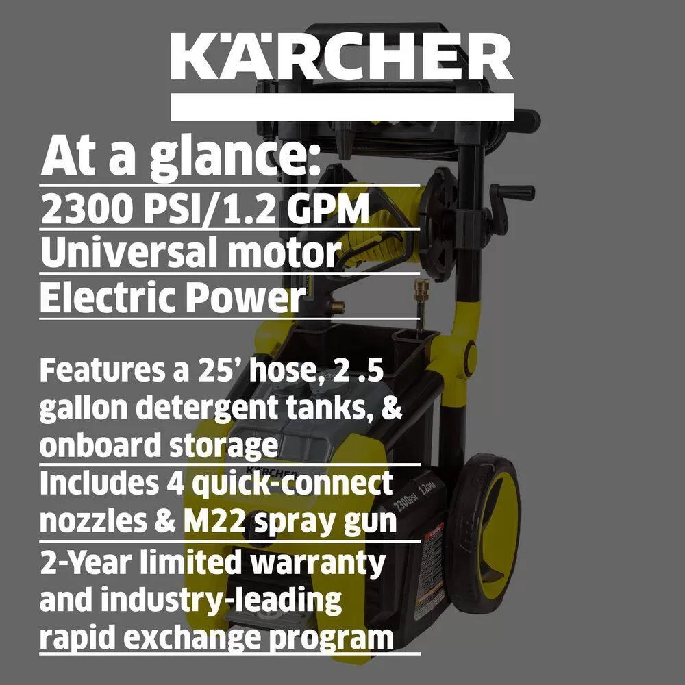 Karcher 1.106-222.0 2300 PSI 1.2 GPM K2300PS Electric Power Pressure Washer with Turbo, 15-Degree, 40-Degree and Soap Nozzles