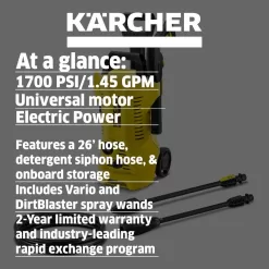 Karcher 1.673-609.0 1700 PSI 1.45 GPM K 2 Power Control Cold Water Electric Pressure Washer Plus Vario and DirtBlaster Spray Wands