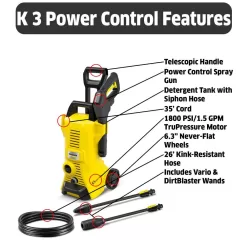 Karcher 1.676-109.0 1800 PSI 1.45 GPM K 3 Power Control Cold Water Electric Pressure Washer Plus Vario and DirtBlaster Spray Wands