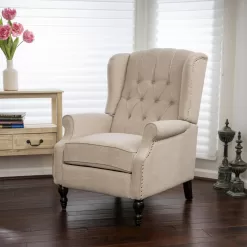 Noble House Walter 35 in. Width Big and Tall Light Beige Polyester Nailhead Trim Wing Chair Recliner