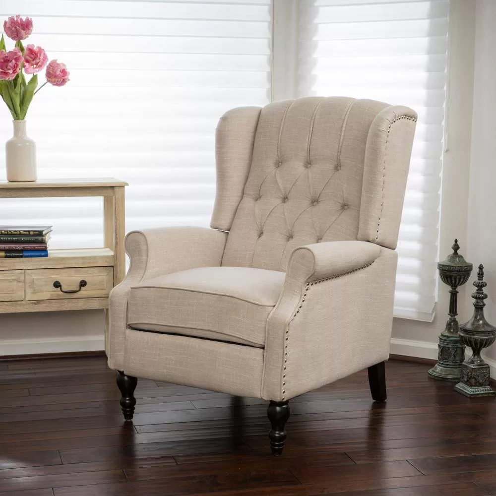 Noble House Walter 35 in. Width Big and Tall Light Beige Polyester Nailhead Trim Wing Chair Recliner
