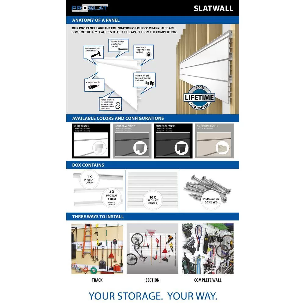 Proslat 33013 PVC Slatwall 8 ft. x 4 ft. Light Gray Hook Kit Bundle (20-Piece)