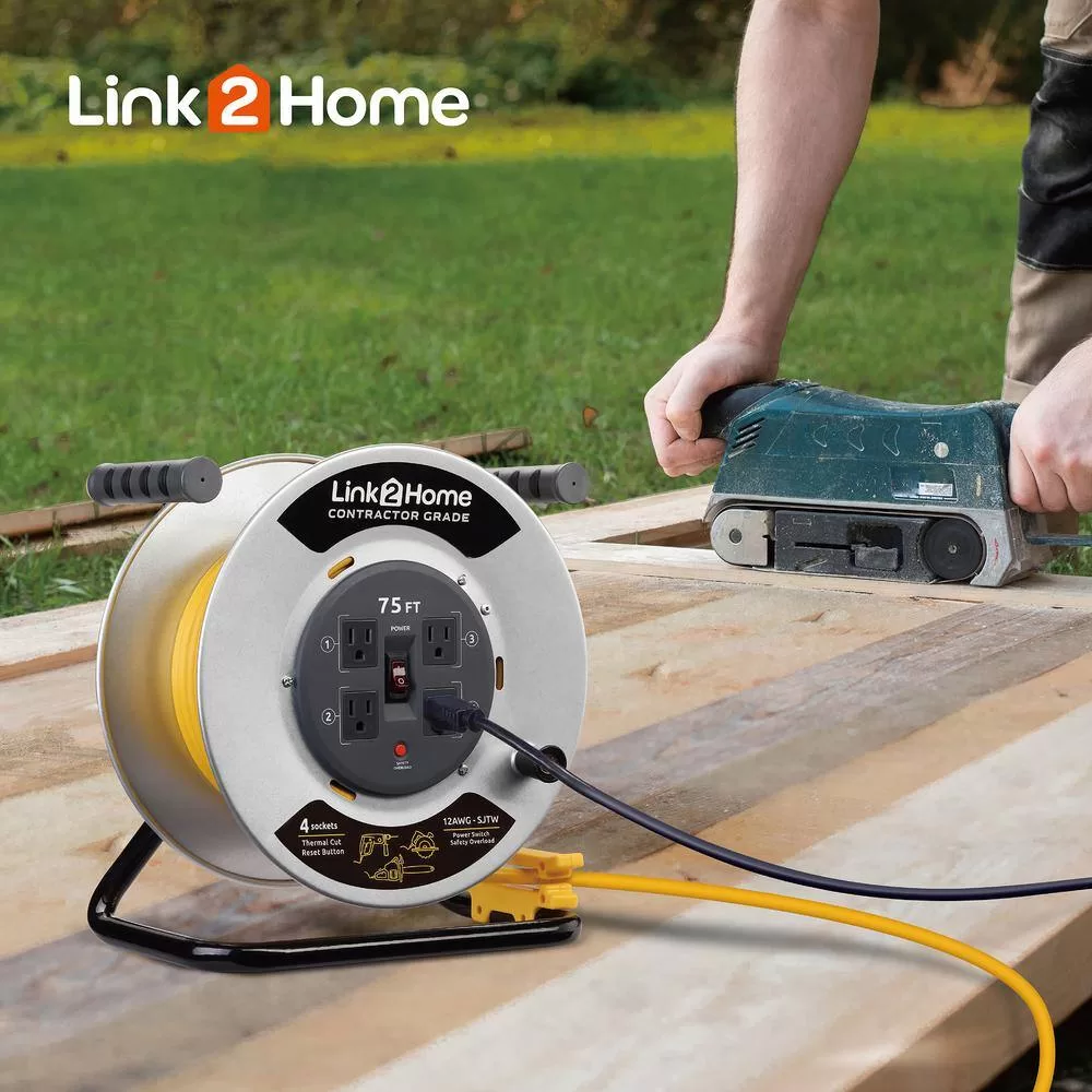 Link2Home EM-CG-750-N 75 ft. 12/3 Extension Cord Storage Reel with 4 Grounded Outlets and Overload Circuit Breaker