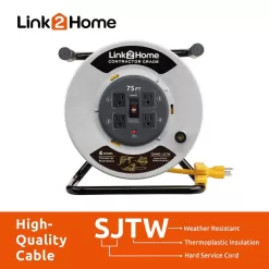 Link2Home EM-CG-750-N 75 ft. 12/3 Extension Cord Storage Reel with 4 Grounded Outlets and Overload Circuit Breaker