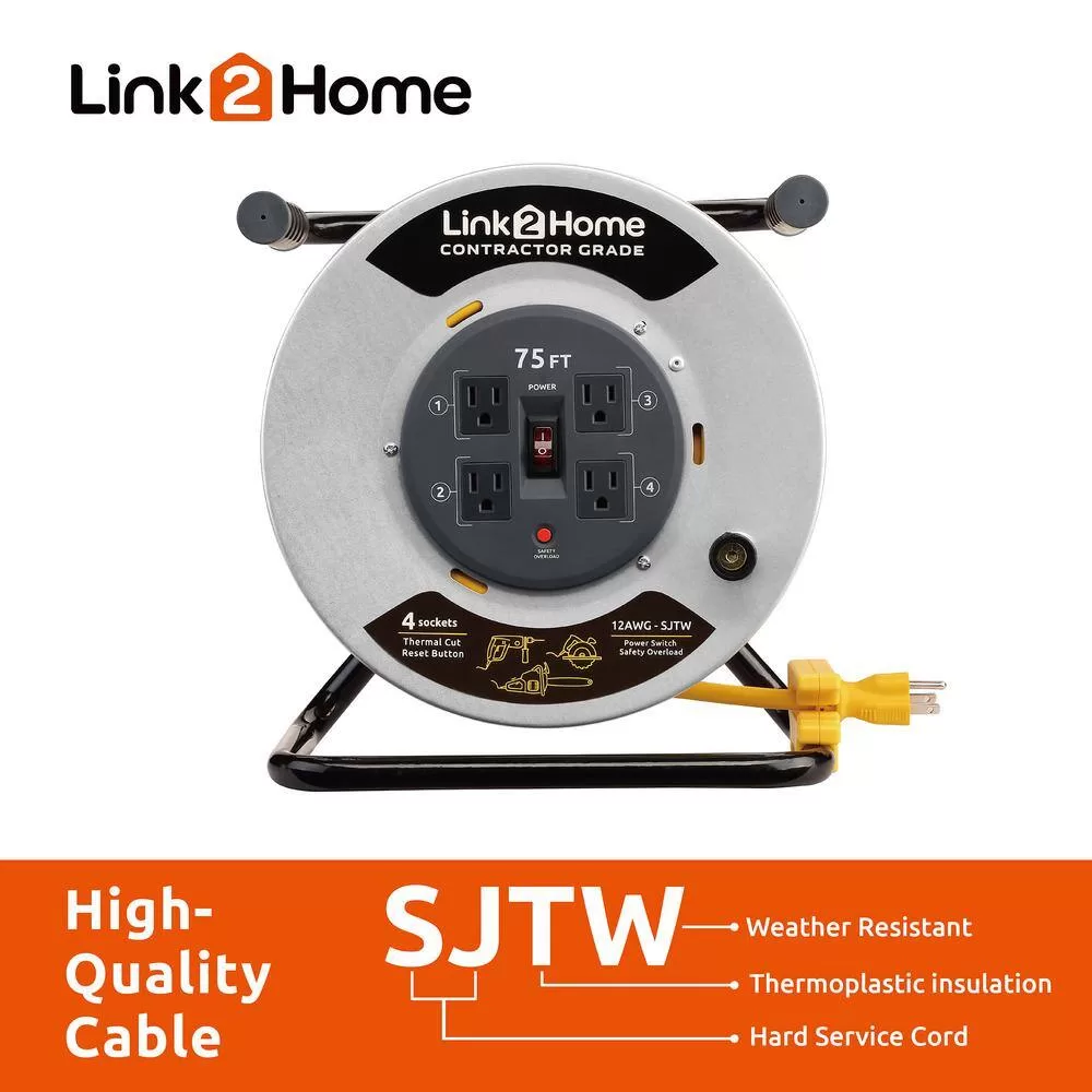 Link2Home EM-CG-750-N 75 ft. 12/3 Extension Cord Storage Reel with 4 Grounded Outlets and Overload Circuit Breaker