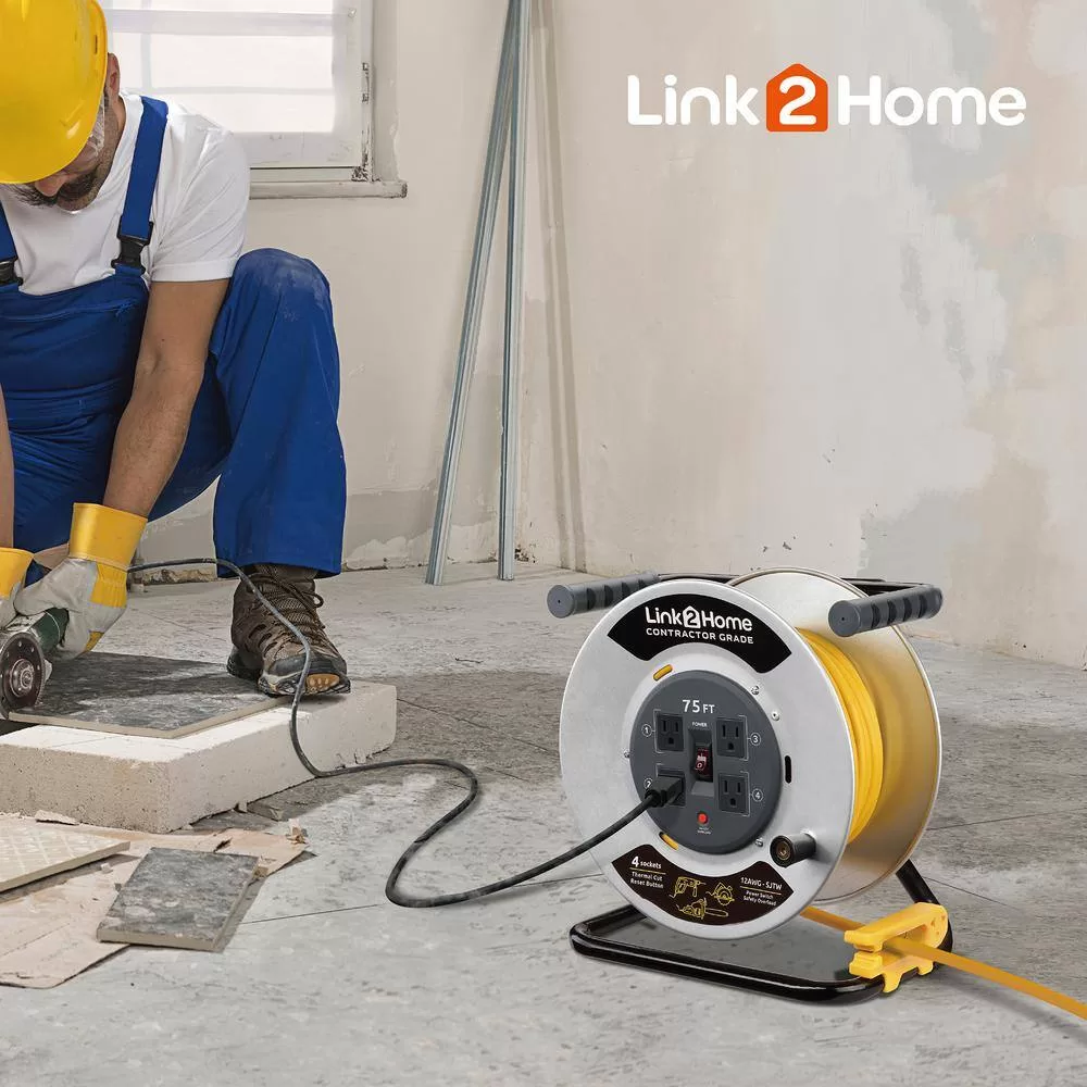 Link2Home EM-CG-750-N 75 ft. 12/3 Extension Cord Storage Reel with 4 Grounded Outlets and Overload Circuit Breaker