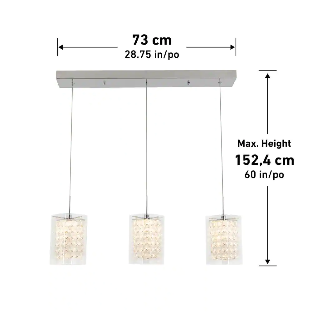 Artika Crystal Cube 13-Watt Modern Integrated LED 3-Light Chrome Hanging Pendant Light with Glass Shade for Dining Room