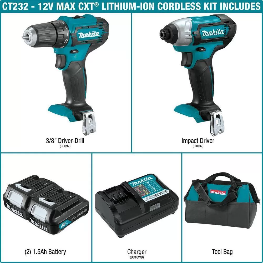 Makita 1001410482 12V max CXT 1.5 Ah Lithium-Ion Cordless Drill Driver and Impact Driver Combo Kit (2-Piece)