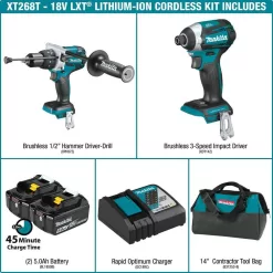 Makita 1002582452 18-Volt LXT 5.0Ah Lithium-ion Brushless Cordless Combo Kit 2-Piece (Hammer Drill/Impact Driver)