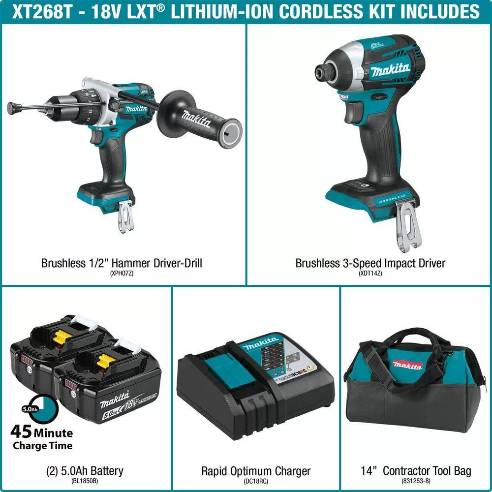 Makita 1002582452 18-Volt LXT 5.0Ah Lithium-ion Brushless Cordless Combo Kit 2-Piece (Hammer Drill/Impact Driver)