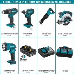 Makita XT505 18V LXT Lithium-Ion Cordless Combo Kit (5-Tool) with (2) 3.0 Ah Batteries, Rapid Charger and Tool Bag