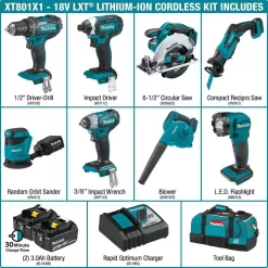 Makita XT801X1 18V LXT Lithium-Ion 8-Piece Kit Drill/ Impact Drvr/ Circ Saw/ Recip Saw/ Sander/ Impact Wrench/ Blower/ Light 3. 0Ah
