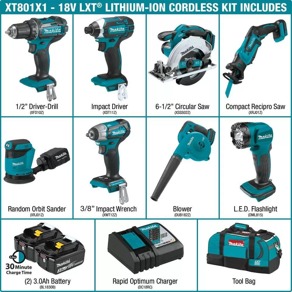 Makita XT801X1 18V LXT Lithium-Ion 8-Piece Kit Drill/ Impact Drvr/ Circ Saw/ Recip Saw/ Sander/ Impact Wrench/ Blower/ Light 3. 0Ah