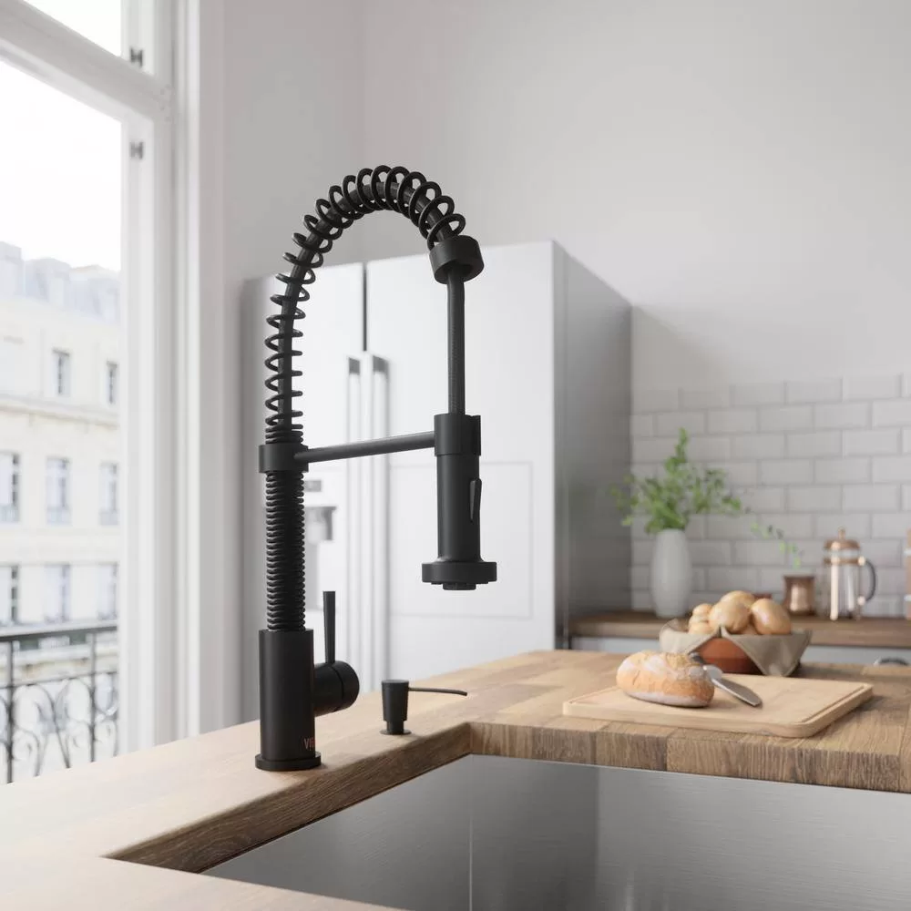 VIGO Edison Single Handle Pull-Down Sprayer Kitchen Faucet Set with Soap Dispenser in Matte Black