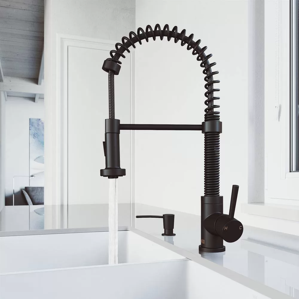 VIGO Edison Single Handle Pull-Down Sprayer Kitchen Faucet Set with Soap Dispenser in Matte Black