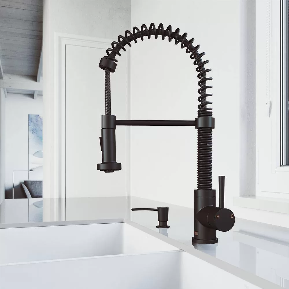 VIGO Edison Single Handle Pull-Down Sprayer Kitchen Faucet Set with Soap Dispenser in Matte Black