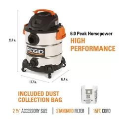 RIDGID WD1060A 10 Gallon 6.0 Peak HP Stainless Steel Wet/Dry Shop Vacuum with Filter, Dust Bags, Locking Hose and Accessories