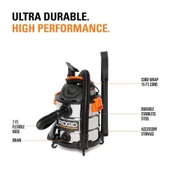 RIDGID WD1060A 10 Gallon 6.0 Peak HP Stainless Steel Wet/Dry Shop Vacuum with Filter, Dust Bags, Locking Hose and Accessories