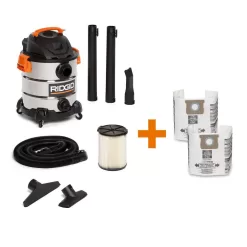 RIDGID WD1060A 10 Gallon 6.0 Peak HP Stainless Steel Wet/Dry Shop Vacuum with Filter, Dust Bags, Locking Hose and Accessories