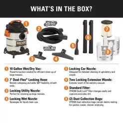RIDGID WD1060A 10 Gallon 6.0 Peak HP Stainless Steel Wet/Dry Shop Vacuum with Filter, Dust Bags, Locking Hose and Accessories