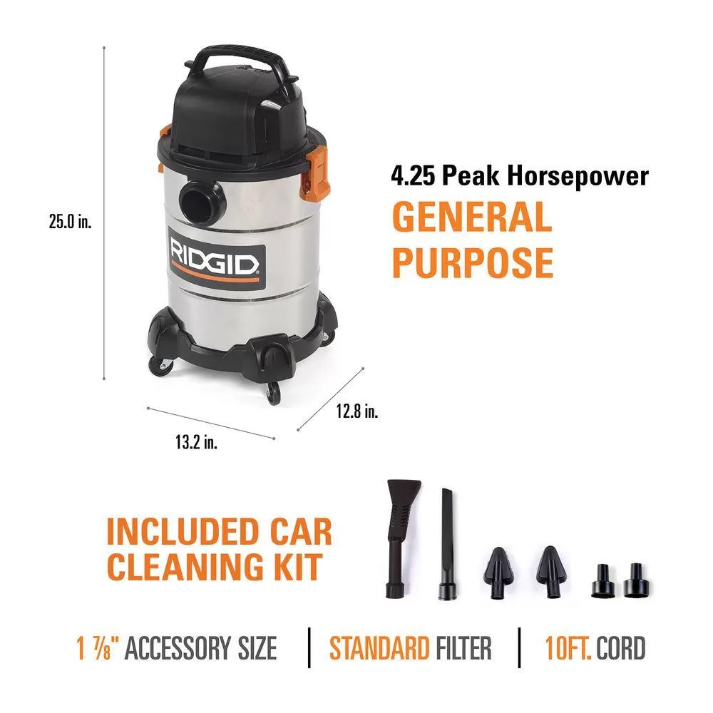RIDGID WD6425B 6 Gal. 4.25-Peak HP Stainless Steel Wet/Dry Shop Vacuum with Filter, Hose, Accessories and Car Cleaning Attachment Kit