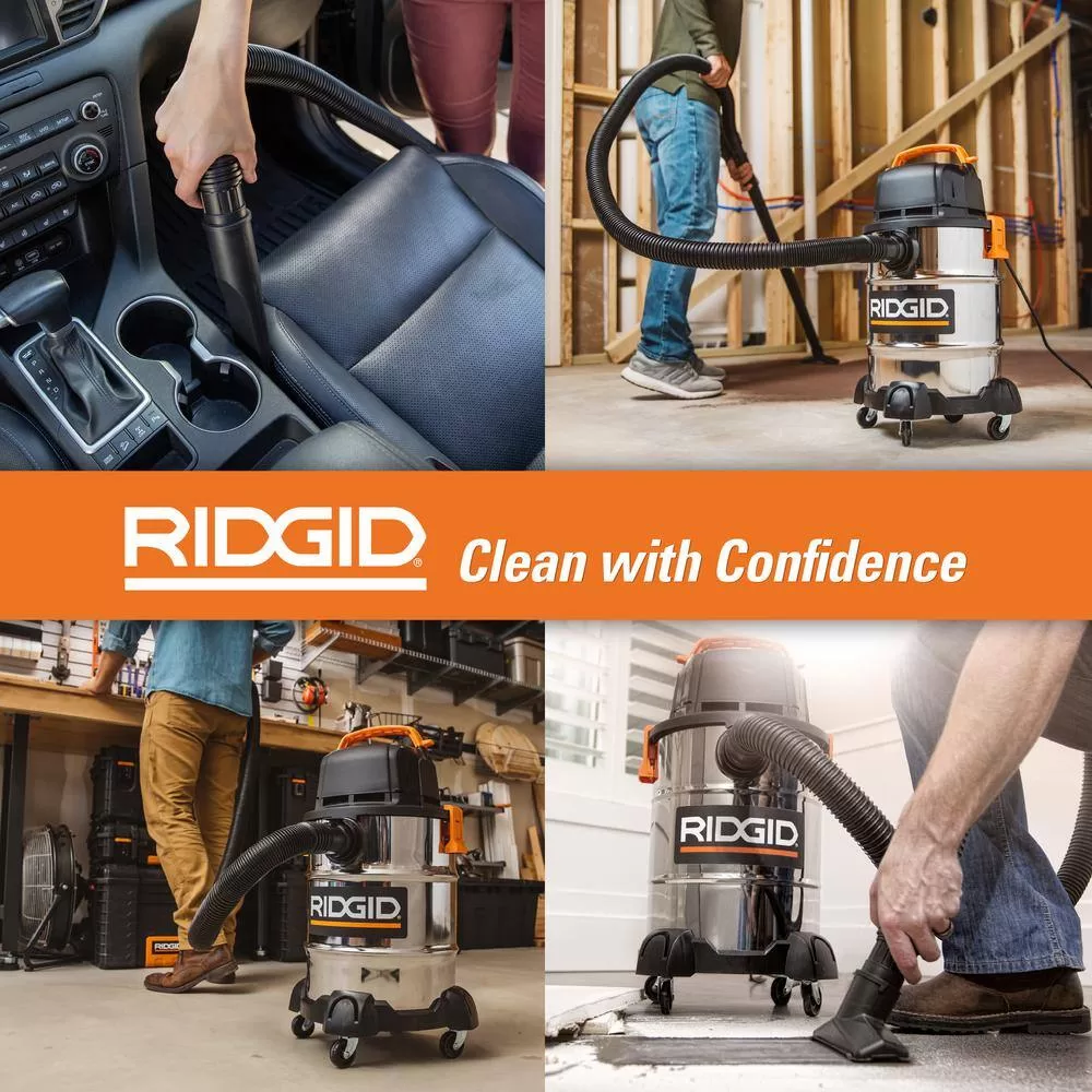 RIDGID WD6425B 6 Gal. 4.25-Peak HP Stainless Steel Wet/Dry Shop Vacuum with Filter, Hose, Accessories and Car Cleaning Attachment Kit