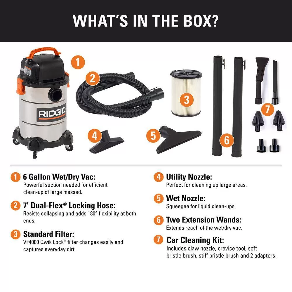 RIDGID WD6425B 6 Gal. 4.25-Peak HP Stainless Steel Wet/Dry Shop Vacuum with Filter, Hose, Accessories and Car Cleaning Attachment Kit