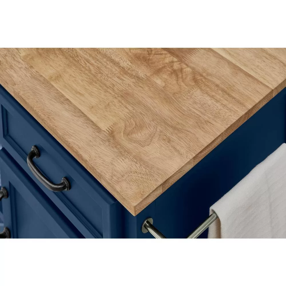 Home Decorators Collection Midnight Blue Rolling Kitchen Cart with Butcher Block Top and Storage (48" W)