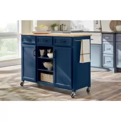 Home Decorators Collection Midnight Blue Rolling Kitchen Cart with Butcher Block Top and Storage (48