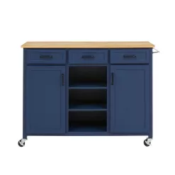 Home Decorators Collection Midnight Blue Rolling Kitchen Cart with Butcher Block Top and Storage (48