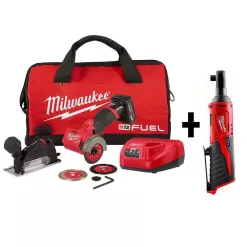 Milwaukee 2522-21XC-2457-20 M12 FUEL 12-Volt 3 in. Lithium-Ion Brushless Cordless Cut Off Saw Kit W/ M12 3/8 in. Ratchet