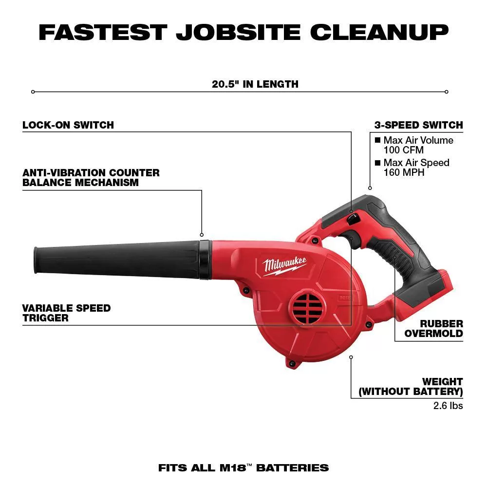 Milwaukee 0884-20 M18 18V Lithium-Ion Cordless Compact Blower (Tool-Only)