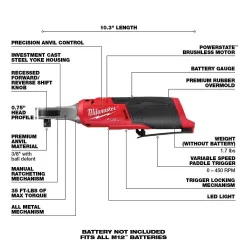 Milwaukee 2567-20-2485-20-2486-20 M12 FUEL 12V Lithium-Ion High Speed 3/8 in. Ratchet w/ (1) 1/4 in. Right Angle and (1) 1/4 in. Straight Die Grinder