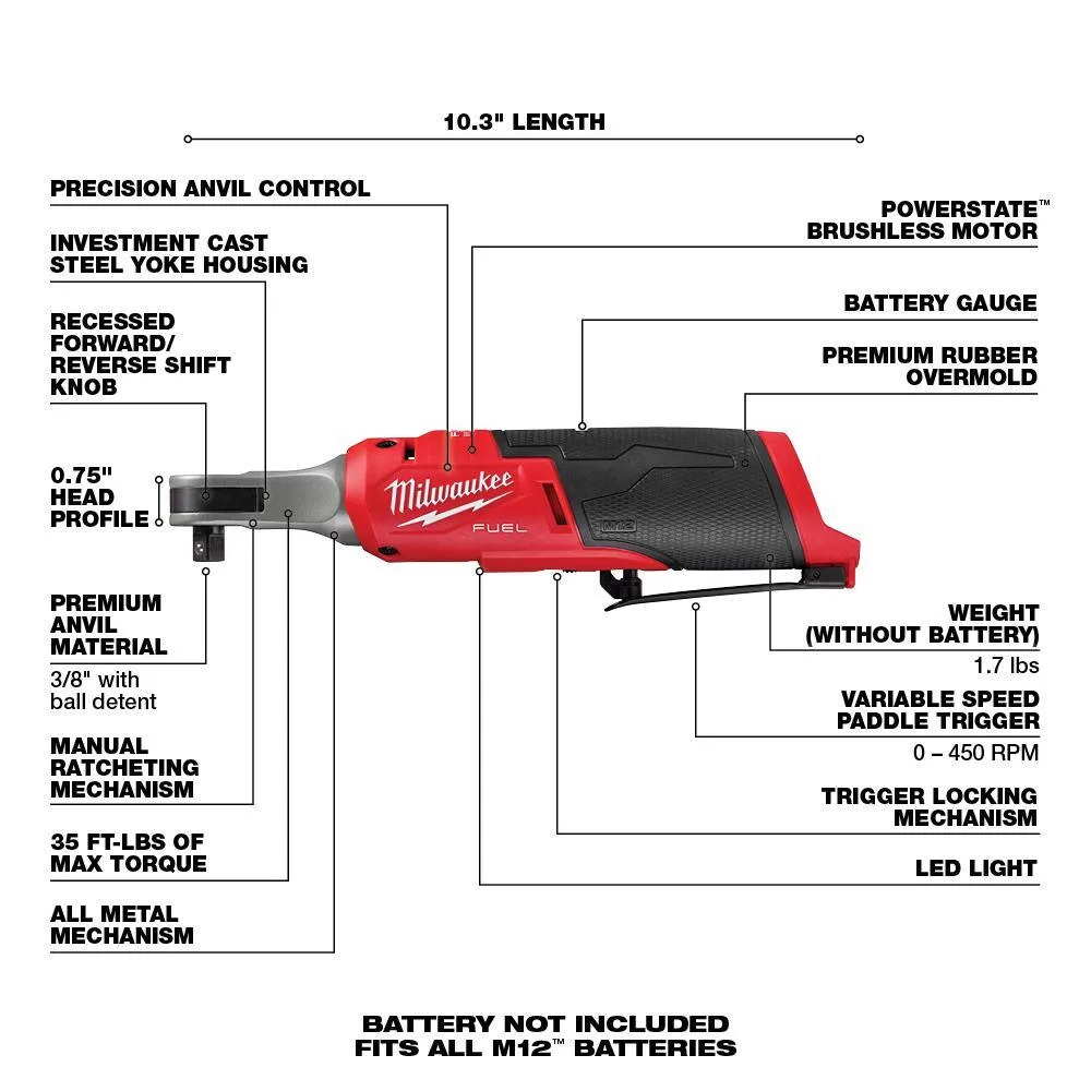 Milwaukee 2567-20-2485-20-2486-20 M12 FUEL 12V Lithium-Ion High Speed 3/8 in. Ratchet w/ (1) 1/4 in. Right Angle and (1) 1/4 in. Straight Die Grinder