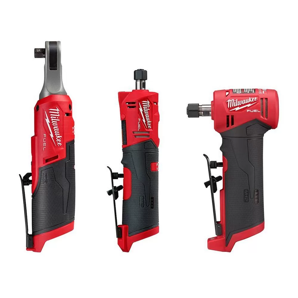 Milwaukee 2567-20-2485-20-2486-20 M12 FUEL 12V Lithium-Ion High Speed 3/8 in. Ratchet w/ (1) 1/4 in. Right Angle and (1) 1/4 in. Straight Die Grinder