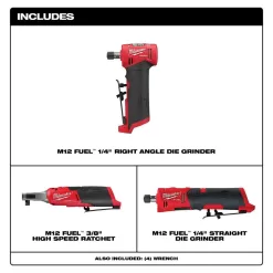 Milwaukee 2567-20-2485-20-2486-20 M12 FUEL 12V Lithium-Ion High Speed 3/8 in. Ratchet w/ (1) 1/4 in. Right Angle and (1) 1/4 in. Straight Die Grinder