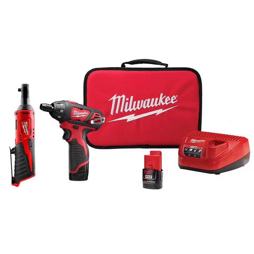 Milwaukee 2401-22-2456-20 M12 12-Volt Lithium-Ion Cordless 1/4 in. Hex Screwdriver and 1/4 in. Ratchet Combo Kit (2-Tool)