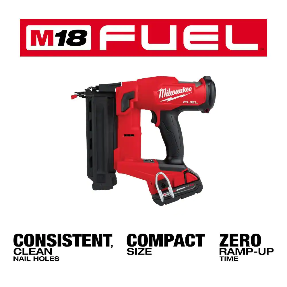 Milwaukee 1004439791 M18 FUEL GEN II 18-Volt 18-Gauge Lithium-Ion Brushless Cordless Brad Nailer Kit with One 2.0 Ah Battery, Charger and Bag
