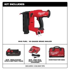 Milwaukee 1004439791 M18 FUEL GEN II 18-Volt 18-Gauge Lithium-Ion Brushless Cordless Brad Nailer Kit with One 2.0 Ah Battery, Charger and Bag