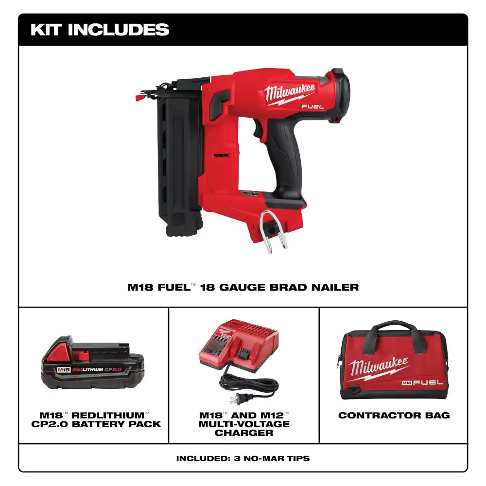 Milwaukee 1004439791 M18 FUEL GEN II 18-Volt 18-Gauge Lithium-Ion Brushless Cordless Brad Nailer Kit with One 2.0 Ah Battery, Charger and Bag