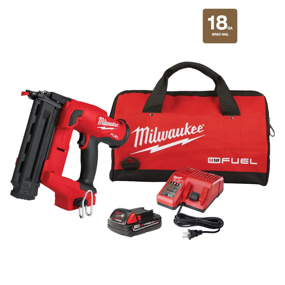 Milwaukee 1004439791 M18 FUEL GEN II 18-Volt 18-Gauge Lithium-Ion Brushless Cordless Brad Nailer Kit with One 2.0 Ah Battery, Charger and Bag