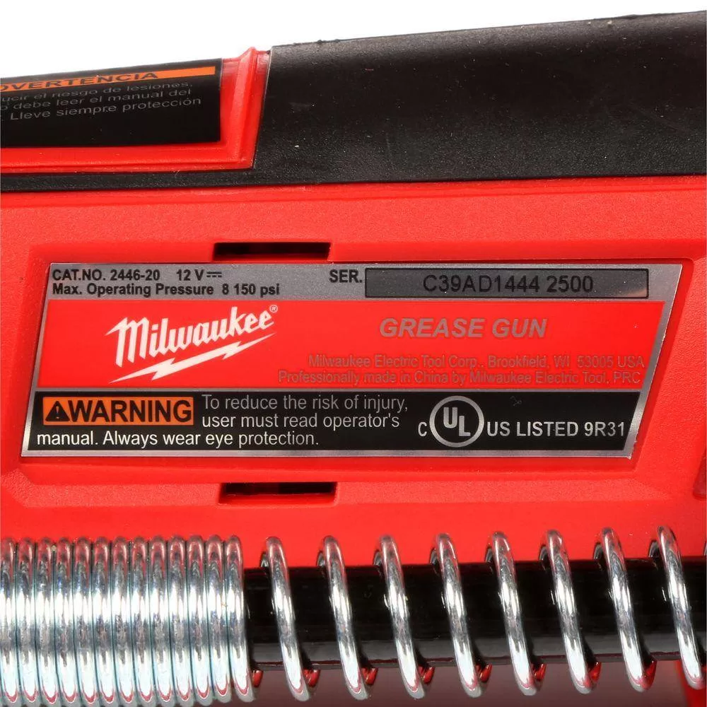 Milwaukee 2446-20-48-11-2420 M12 12V Lithium-Ion Cordless Grease Gun with 2.0 Ah Compact Battery